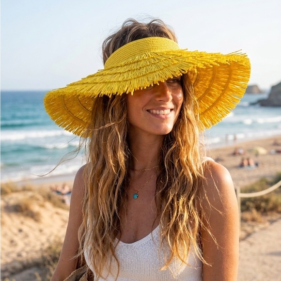 Accessories - Yellow Fringe Large Sun Hat- Women Accessories
